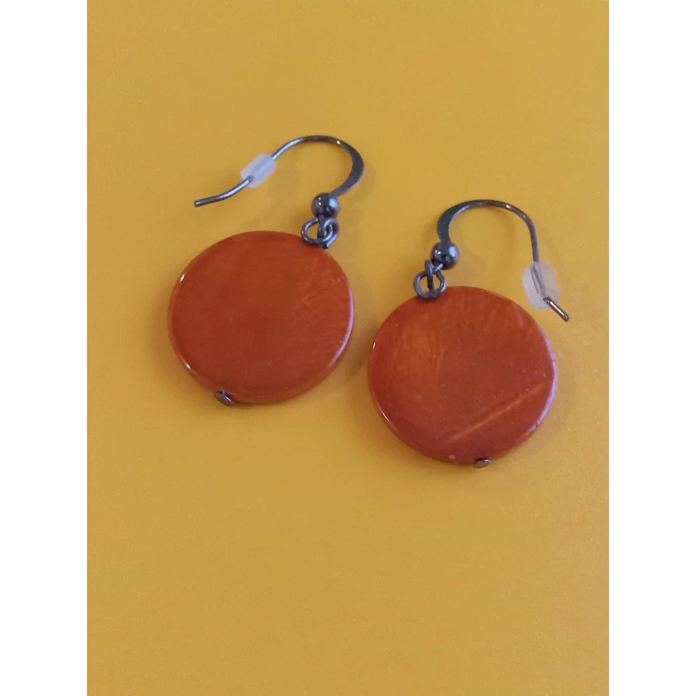 Burnt Orange Tagua Nut Round Disc Drop Earrings Boho Terracotta Vegetable Ivory